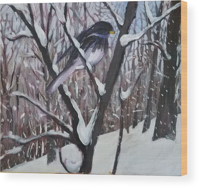 Bird Wood Print featuring the painting Wintry Bird by Tilly Strauss