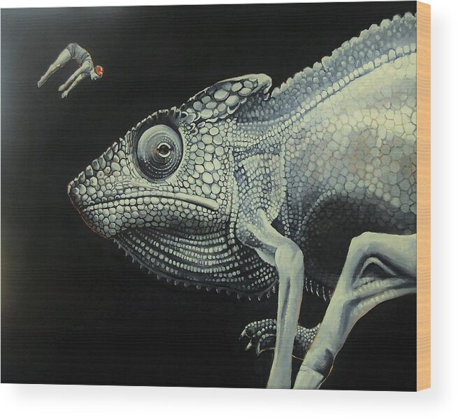 Chameleon Wood Print featuring the painting With All That's Happening This Is Not The Time To Go Diving by Jean Cormier