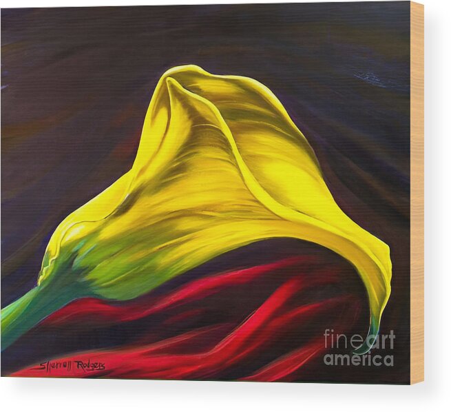 Painting Wood Print featuring the painting Yellow Calla Lily on Red Velvet by Sherrell Rodgers