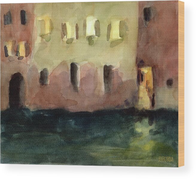 Venice Wood Print featuring the painting Yellow Windows at Night Watercolor Painting of Venice Italy by Beverly Brown