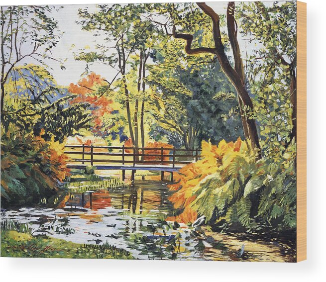 Landscape Wood Print featuring the painting Autumn Water Bridge by David Lloyd Glover
