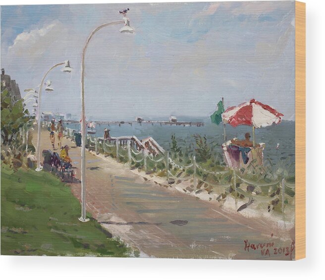 Norfolk Wood Print featuring the painting Beach Border Walk in Norfolk VA by Ylli Haruni
