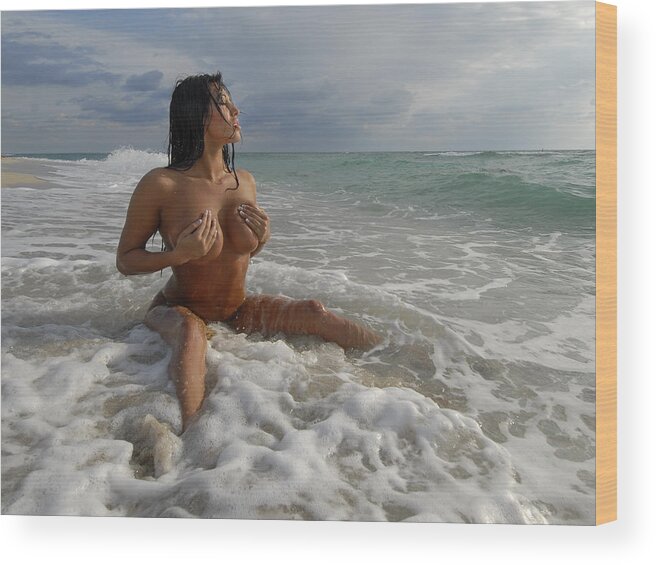 Beach Wood Print featuring the photograph 0093 Beautiful Large Breasted Woman in Ocean Surf by Chris Maher