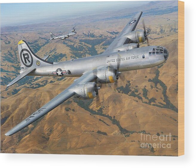 B-29 Wood Print featuring the digital art B-29 On Silver Wings by Stu Shepherd