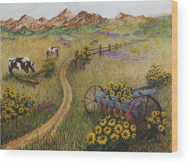 Print Wood Print featuring the painting Cows Grazing by Katherine Young-Beck