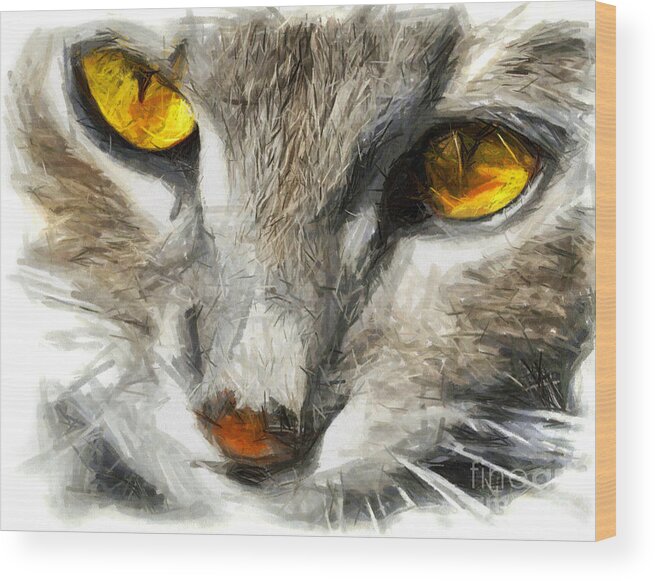 Cat Wood Print featuring the drawing Grey cat with yellow eyes - DRAWING #1 by Daliana Pacuraru