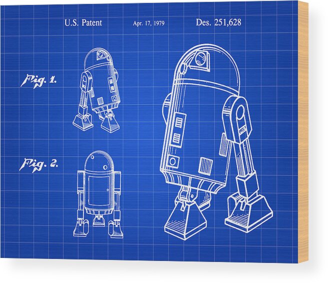 Star Wars Wood Print featuring the digital art Star Wars R2-D2 Patent 1979 - Blue by Stephen Younts
