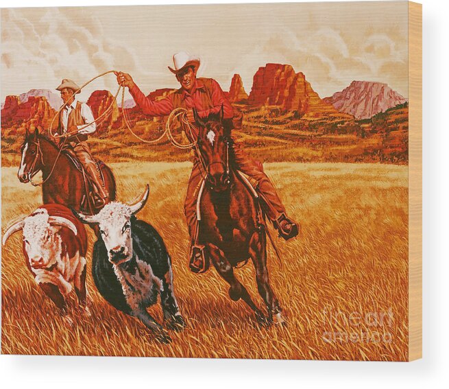 Animals Wood Print featuring the painting The Wranglers by Dick Bobnick