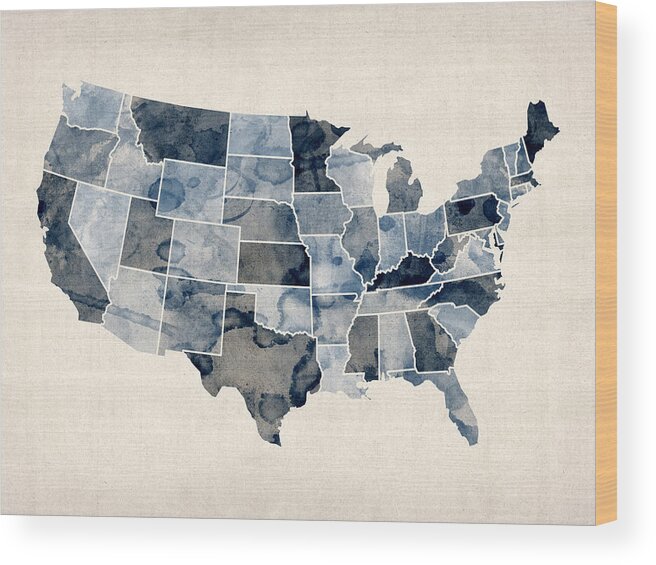United States Map Wood Print featuring the digital art United States Watercolor Map #1 by Michael Tompsett