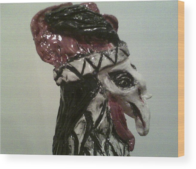 Ceramic Rooster Wood Print featuring the sculpture Warrior Rooster by Suzanne Berthier
