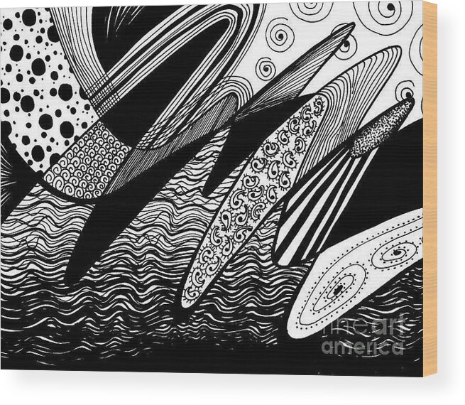 Black And White Wood Print featuring the drawing Waves #1 by Lynellen Nielsen