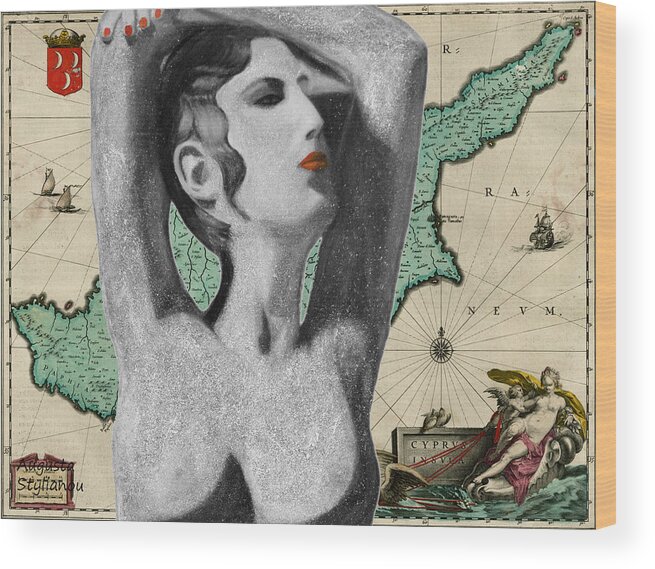 Augusta Stylianou Wood Print featuring the digital art Ancient Cyprus Map and Aphrodite #20 by Augusta Stylianou
