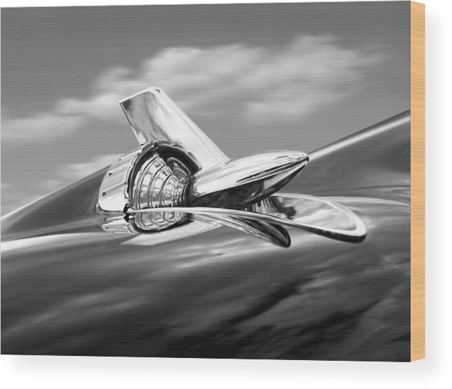 Classic Chevy Wood Print featuring the photograph 1957 Chevy Bel Air Hood Ornament in Black and White by Gill Billington