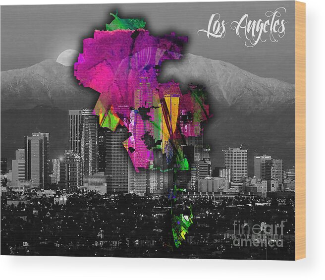 Los Angeles Art Wood Print featuring the mixed media Los Angeles Map and Skyline Watercolor #2 by Marvin Blaine