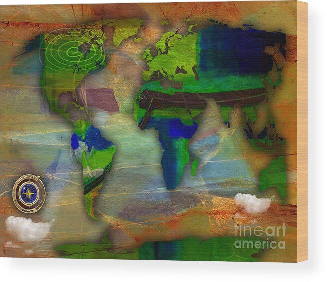 World Map Wood Print featuring the mixed media World Map and Compass Watercolor #2 by Marvin Blaine