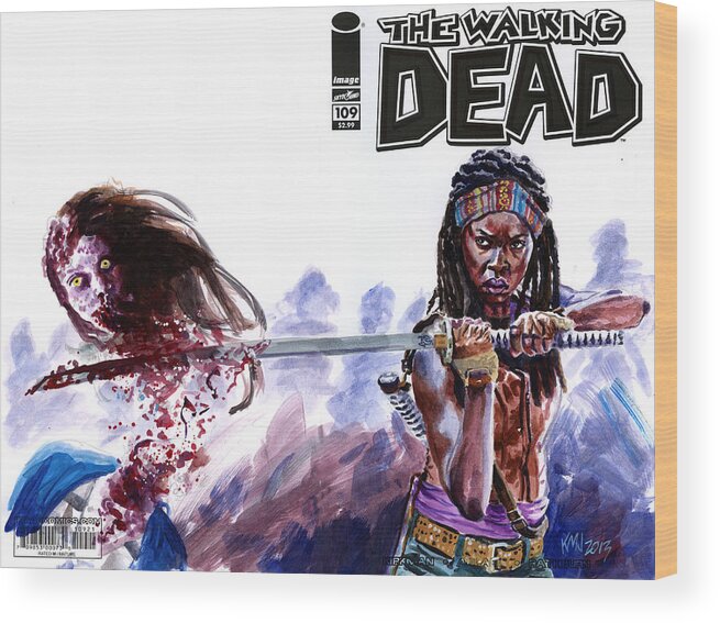 Walking Dead Wood Print featuring the painting Walking Dead Michonne by Ken Meyer jr