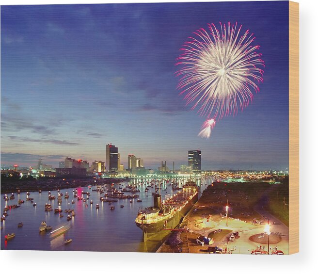 Toledo Ohio Wood Print featuring the photograph 7545 Toledo Ohio Fireworks Over the Maumee River by Chris Maher