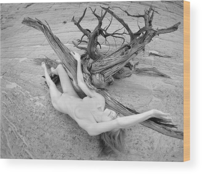 Beautiful Woman Wood Print featuring the photograph 7642 Nude Woman in Desert Wash with Driftwood Black White Infrared Photo by Chris Maher