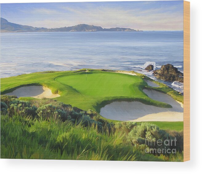 7th Hole Wood Print featuring the painting 7th Hole At Pebble Beach by Tim Gilliland
