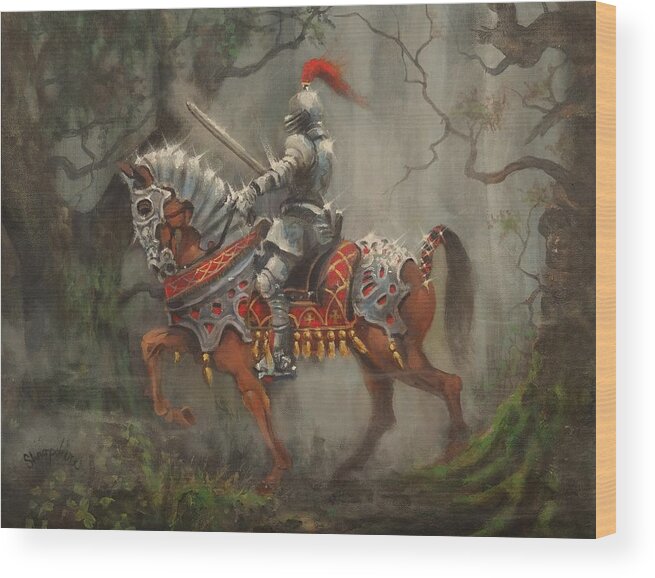 Knight On Horseback Wood Print featuring the painting A Knight in Shining Armor by Tom Shropshire
