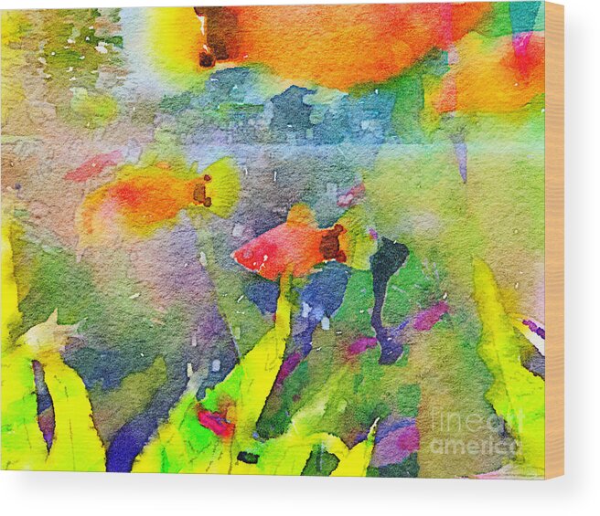 Abstract Wood Print featuring the painting Abstract Goldfish Fish Bowl Aquarium Watercolor 1 by Beverly Claire Kaiya