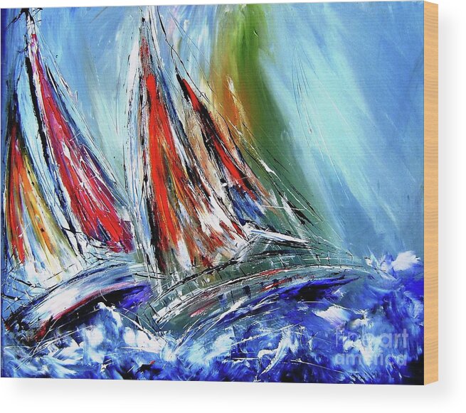 Abstract Art Wood Print featuring the painting SAILING PAINTINGS Skillful sailors like stormy seas by Mary Cahalan Lee - aka PIXI