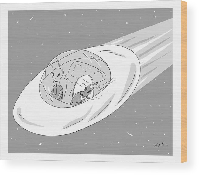 Captionless Alien Wood Print featuring the drawing An Alien Cruises Through Space In A Flying Saucer by Kim Warp