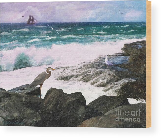 Seascape Wood Print featuring the digital art An Egret's View Seascape by Lianne Schneider