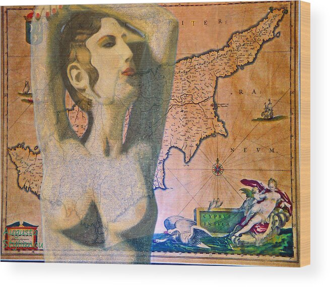 Augusta Stylianou Wood Print featuring the digital art Ancient Cyprus Map and Aphrodite by Augusta Stylianou