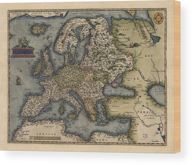 Europe Wood Print featuring the drawing Antique Map of Europe by Abraham Ortelius - 1570 by Blue Monocle