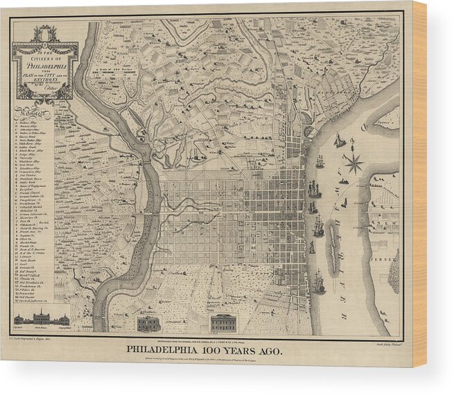 Philadelphia Wood Print featuring the drawing Antique Map of Philadelphia by P. C. Varte - 1875 by Blue Monocle