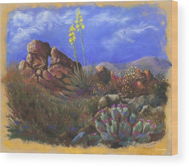 Landscape Desert Cactus California Anza Borrego Rocks Prickly Pear Yucca Purple Red Gold Blue Chaparral Mountains Majestic Wood Print featuring the pastel Anza Borrego April by Brenda Salamone