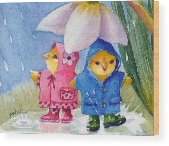 Frog Boots Wood Print featuring the painting April Showers by Janet Zeh