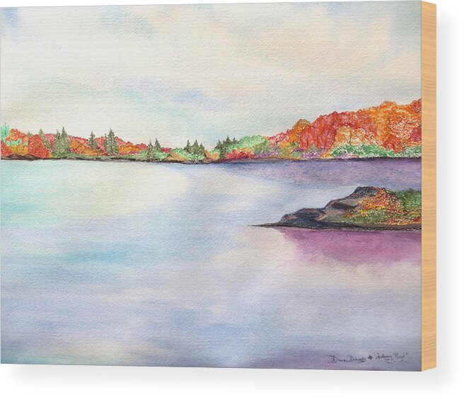 Fall Foliage Color Water Rock Cloud Sky Orange Red Green Blue Leaves Clm Pine Trees Crisp Wood Print featuring the painting Autumn Pond by Daniel Dubinsky