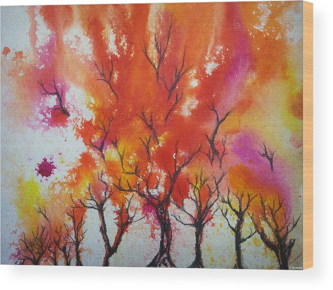 Fall Autumn Colorful Trees Landscape Abstract Red Orange Yellow Fuchsia Wood Print featuring the painting Autumn Riot by Brenda Salamone