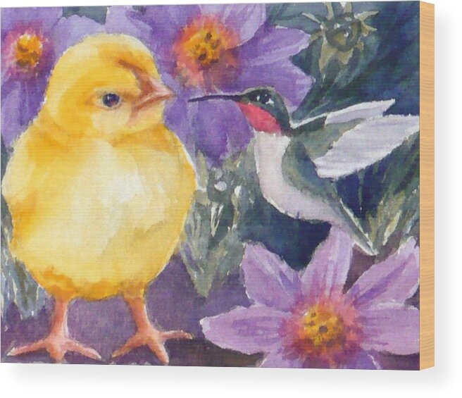 Fine Art Print Wood Print featuring the painting Baby Chick and Hummingbird by Janet Zeh