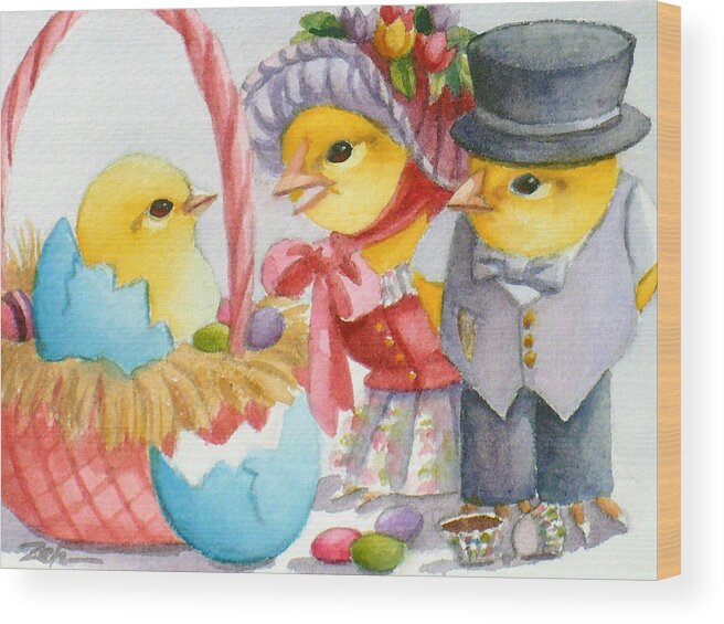 Easter Art Wood Print featuring the painting Baby Chick Easter Surprise by Janet Zeh