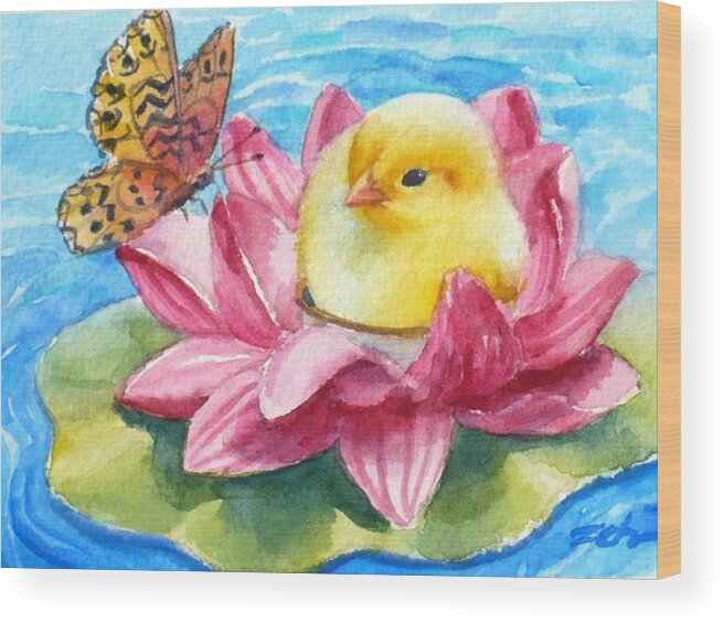 Baby Chick Art Wood Print featuring the painting Baby Chick Water Lily Float by Janet Zeh