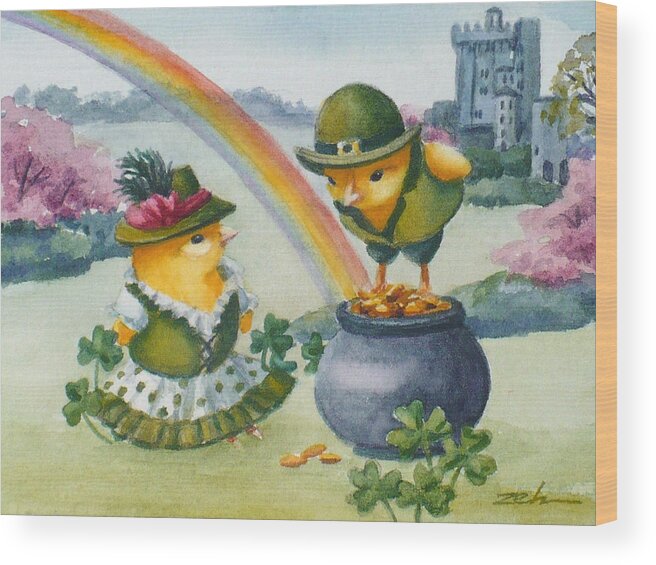 Ferdinand And Nina Wood Print featuring the painting Baby Chicks in Ireland at Blarney Castle by Janet Zeh