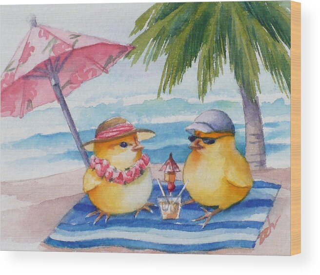 Ferdinand And Nina Wood Print featuring the painting Baby Chicks on Waikiki Beach by Janet Zeh