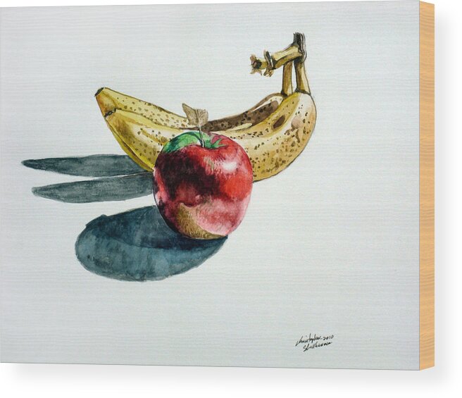 Banana Wood Print featuring the painting Bananas and an Apple by Christopher Shellhammer