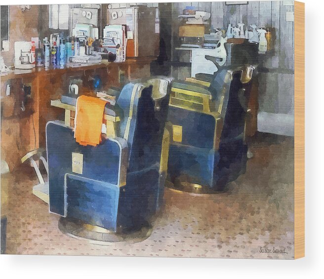 Barber Wood Print featuring the photograph Barber Chair With Orange Barber Cape by Susan Savad