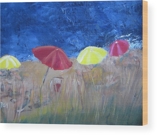 Original Wood Print featuring the painting Beach Umbrellas by Patricia Cleasby