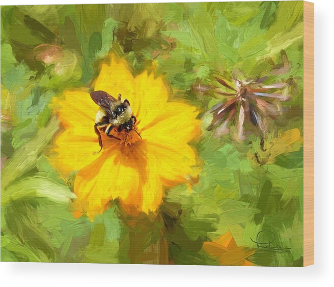 Digital Art Wood Print featuring the photograph Bee on Flower Painting by Ludwig Keck