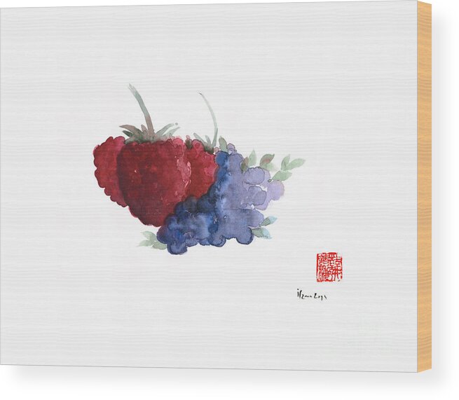 Japan Wood Print featuring the painting BERRIES Red Pink Black Blue Fruit Blueberry Blueberries Raspberry Raspberries Fruits Watercolors by Mariusz Szmerdt