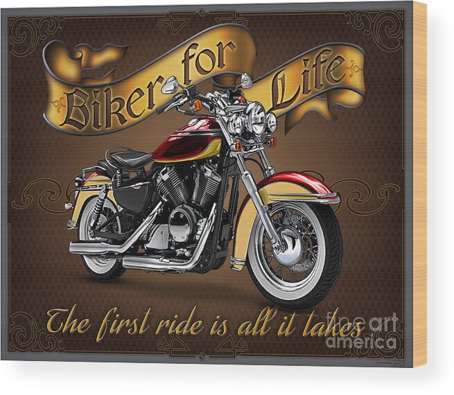 Motorcycle Wood Print featuring the painting Biker for Life by JQ Licensing