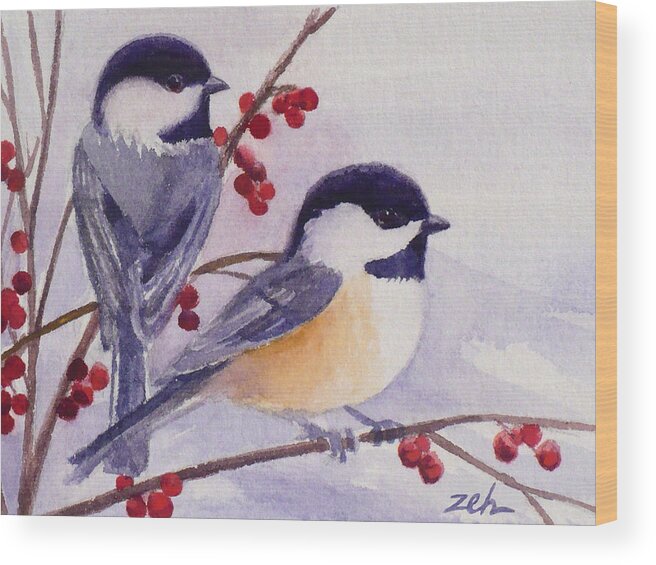 Birds Wood Print featuring the painting Black-capped Chickadees by Janet Zeh