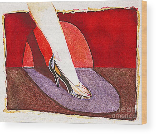 Black Shoe Wood Print featuring the painting Black Shoe And Woman's Leg by William Cain
