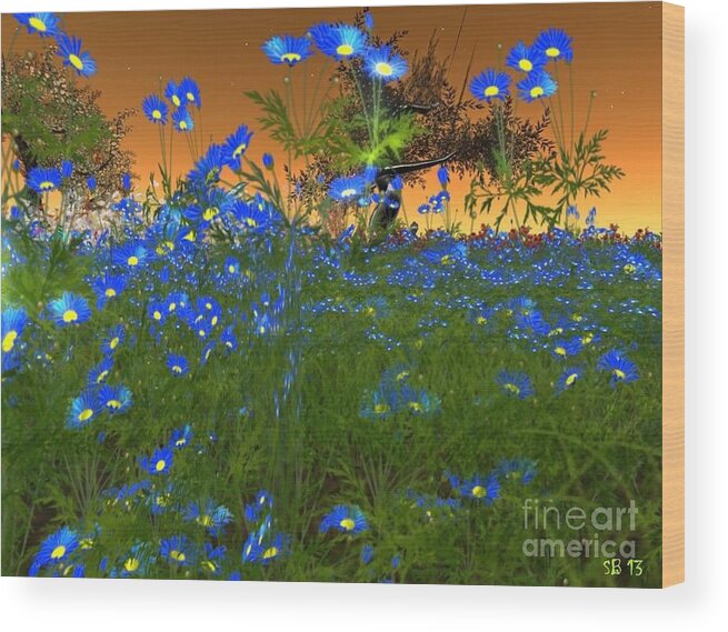 Blue Wood Print featuring the digital art Blue flowers by Susanne Baumann