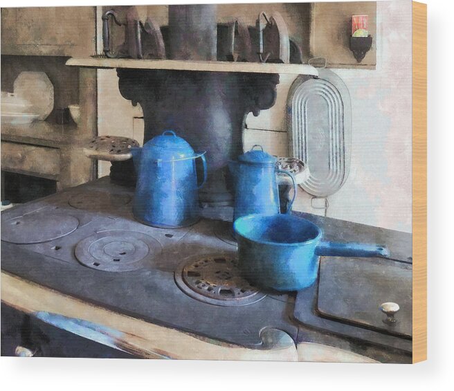Stove Wood Print featuring the photograph Blue Pots on Stove by Susan Savad